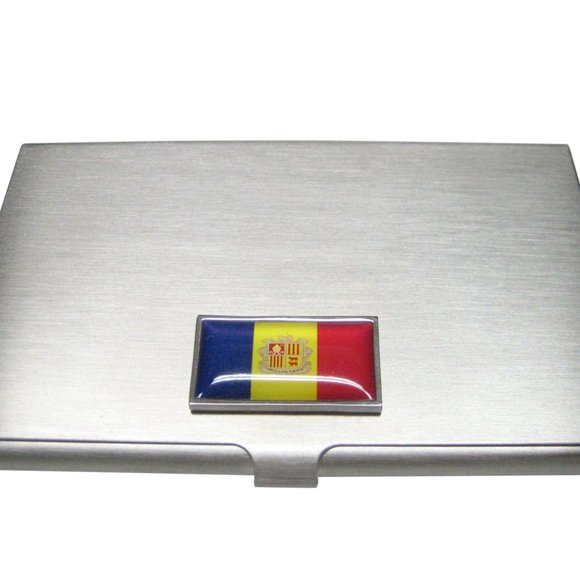 Andorra w/Seal Flag on a Stick Thin Bordered Andorra Flag Business Card Holder
